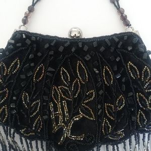 LA REGALE BLACK FLORAL BEADED EVENING HANDBAG